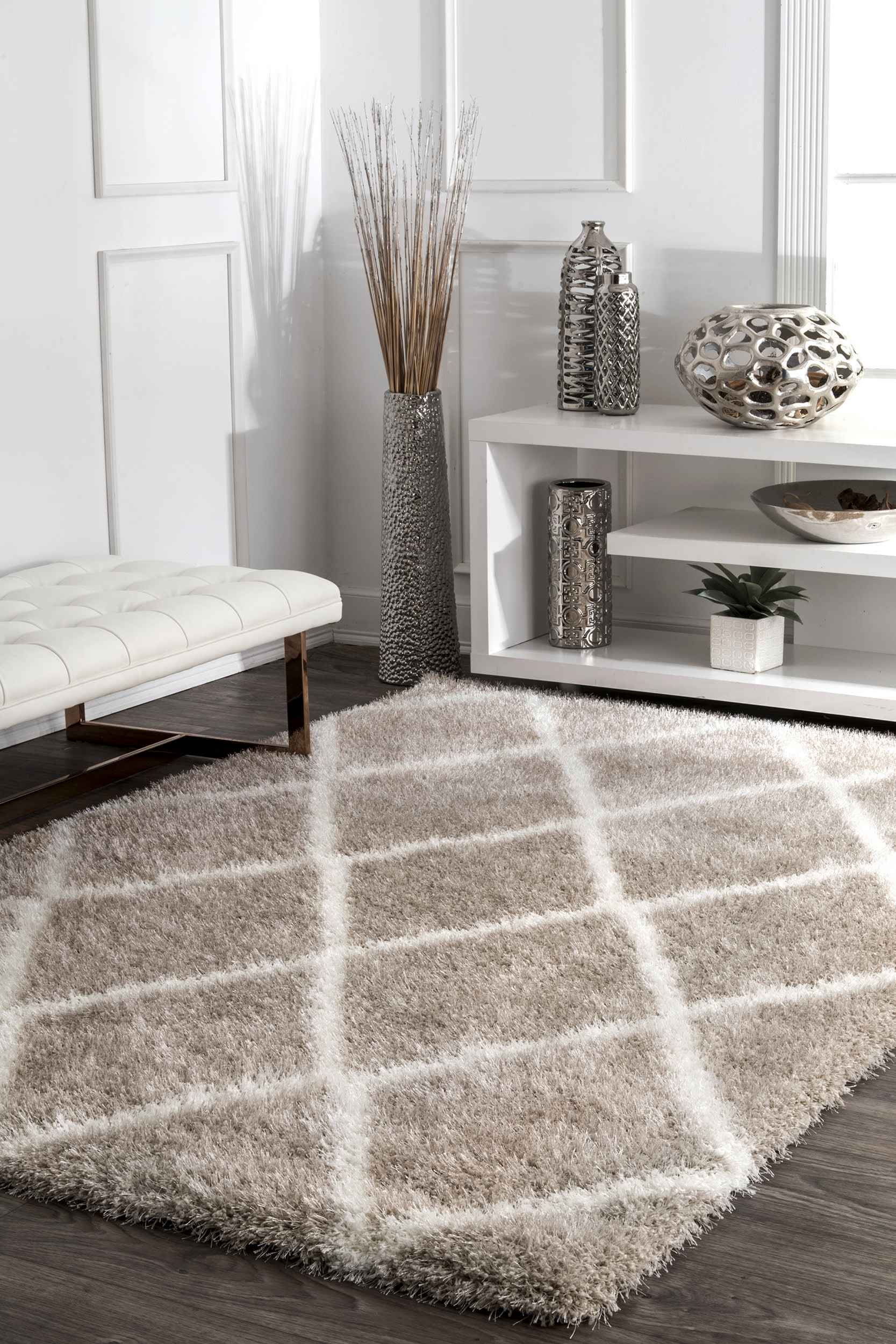 Luxury Diamond Shag Area Rug - Soft Plush Beige Carpet for Living Room, Bedroom & Nursery | Cozy Home Decor & Floor Mat for Comfortable Space
