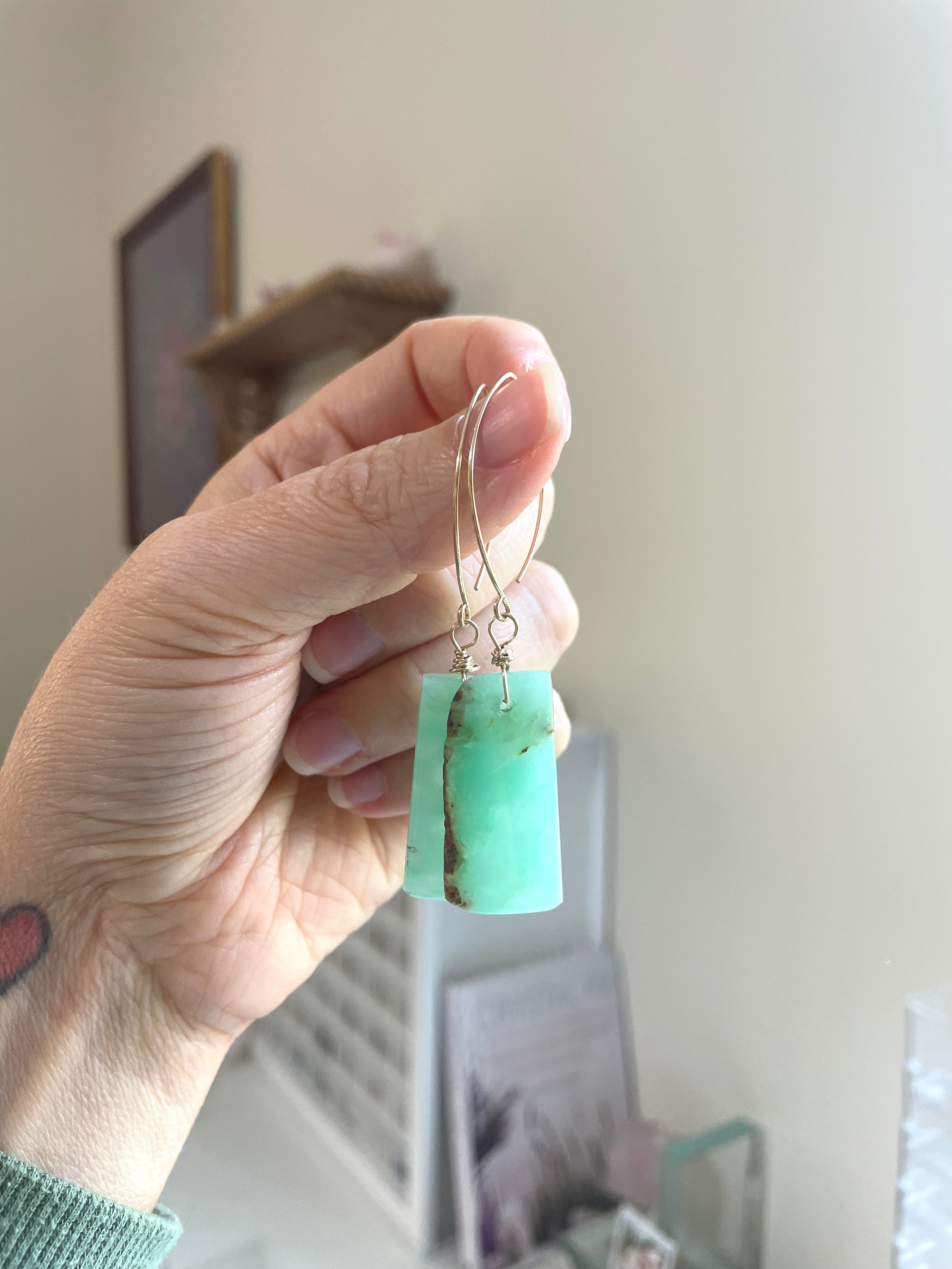 Green Chrysoprase Gold Filled Statement Crystal Gemstone Earrings for Women | Elegant Dangle Drop Earrings for Party, Wedding & Special Occasions