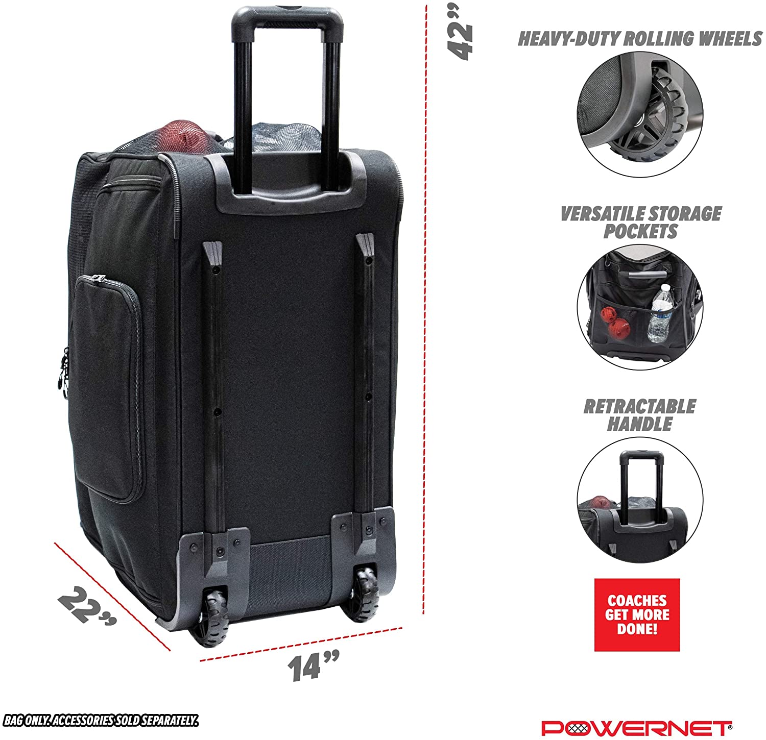 PowerNet Rolling Baseball Coach Bag Caddy - Durable Baseball Equipment Organizer for Coaches & Players - Perfect for Practice, Games & Travel
