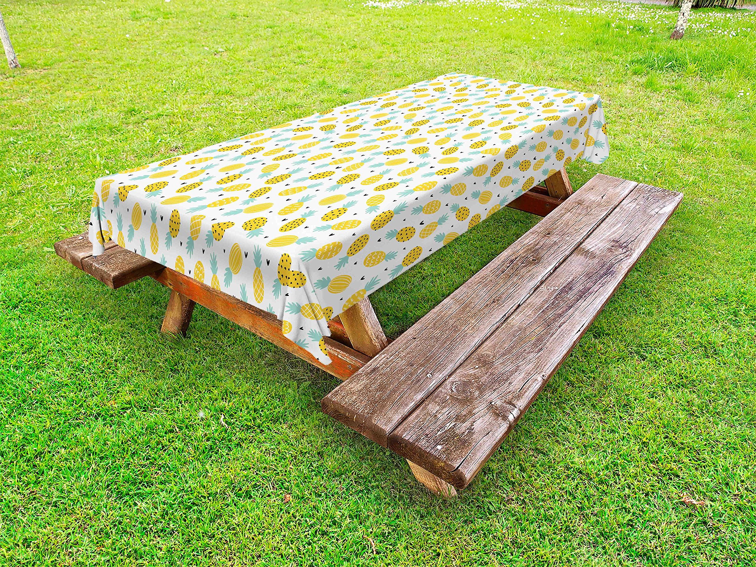 Ambesonne Exotic Outdoor Tablecloth - Hand Drawn Pineapples & Hearts Doodle Design, Summer Picnic Table Cover, Waterproof & Washable, 58