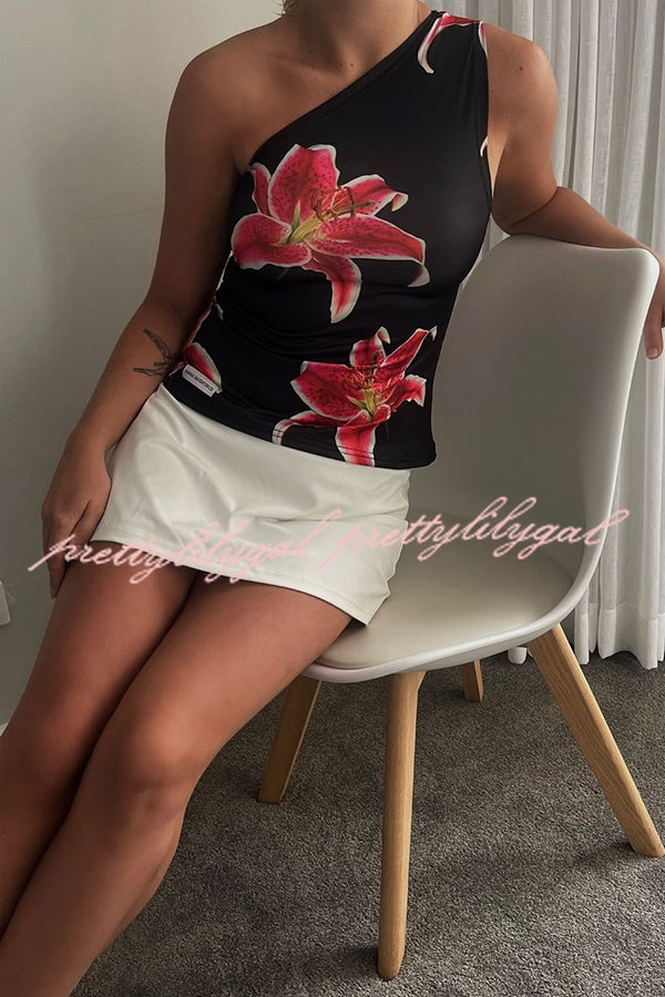 Chic Floral Print One Shoulder Stretch Tank Top - Women's Fashion Summer Blouse for Beach, Party & Casual Wear