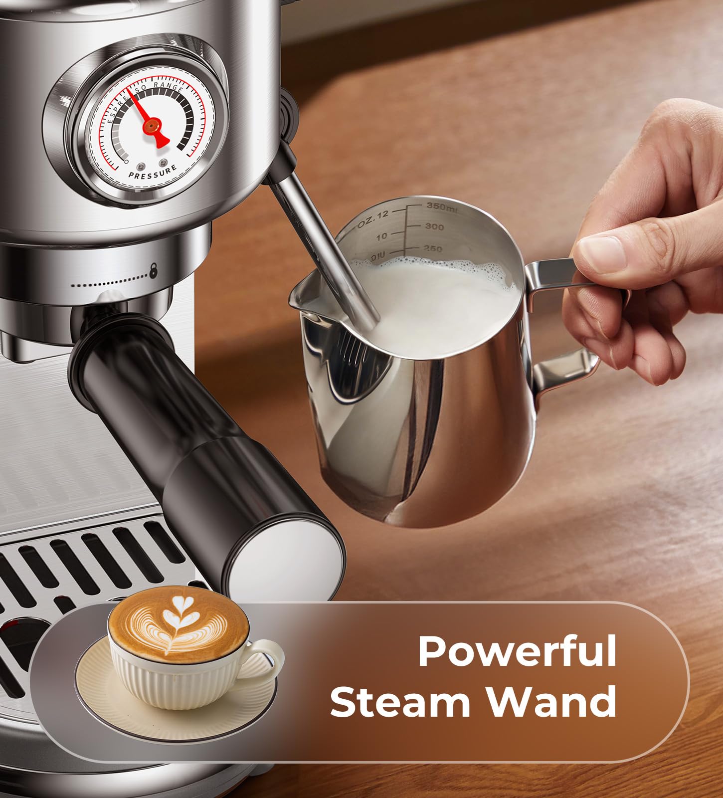 Professional 20 Bar Espresso Machine with Milk Frother - Compact Stainless Steel Coffee Maker for Cappuccino & Latte - Perfect Gift for Coffee Lovers (Silver) | Ideal for Home, Office & Coffee Shops