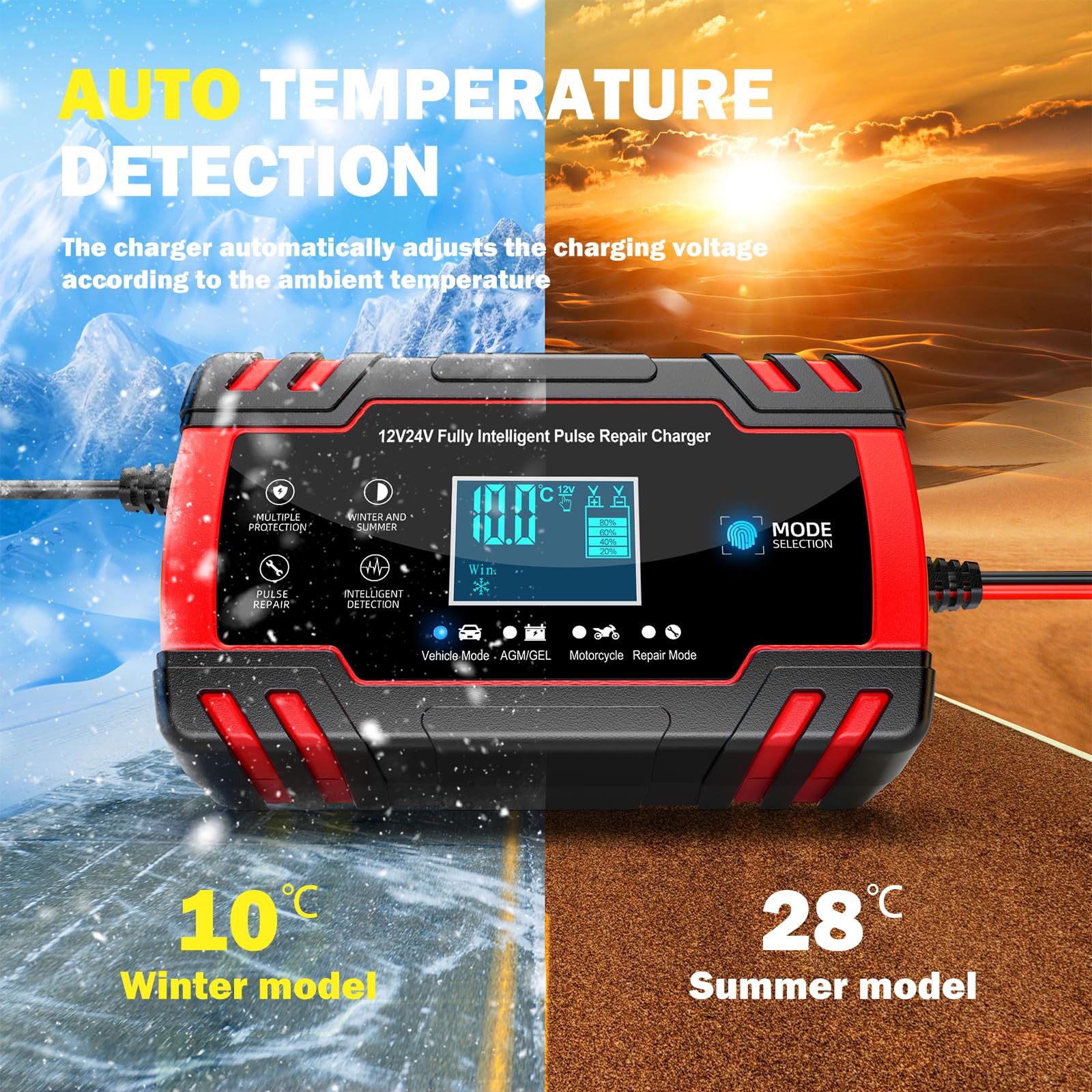 10-Amp 12V & 24V Smart Car Battery Charger - Automatic Charger with Temperature Compensation & Desulfator - Battery Maintainer & Trickle Charger for Cars, Trucks, Motorcycles & Marine Vehicles - Perfect for Winter Storage & Long-Term Battery Maintenance