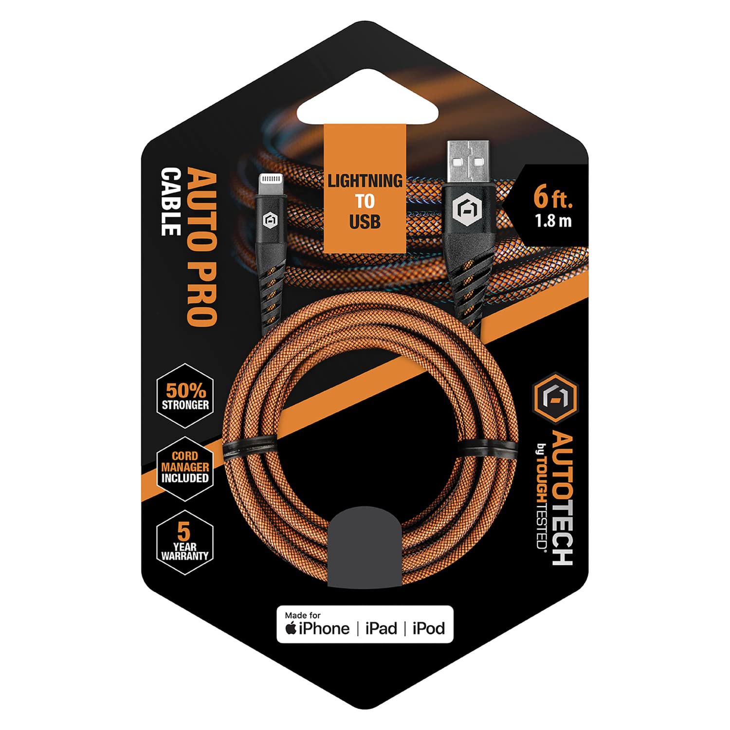 AT-DCL6-BK 6-Foot PET MFi Certified Lightning Cable - Fast Charging & Durable iPhone Charger for Home, Office & Travel