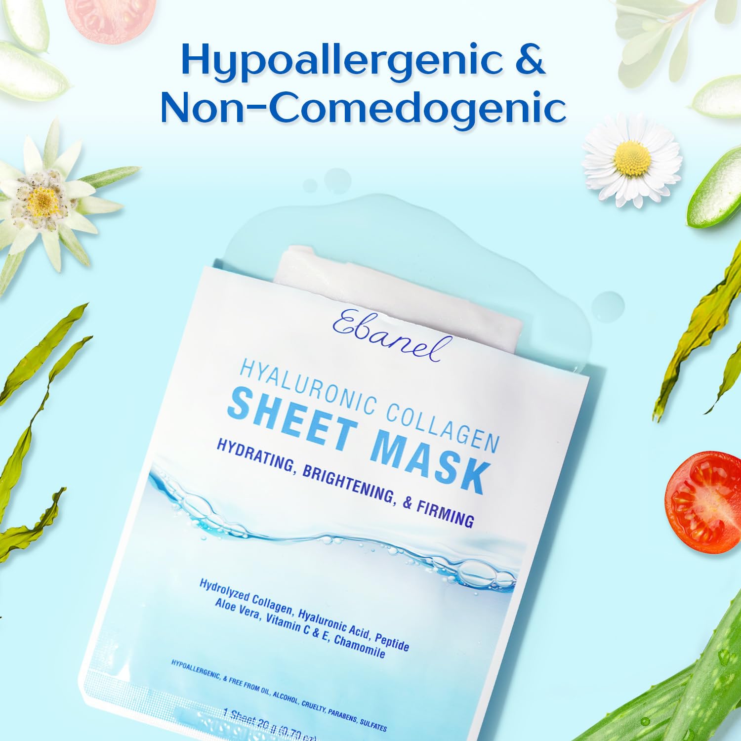 Ebanel 15 Pack Collagen Peptide Hydrating Face Masks - Brightening, Firming & Anti-Aging Sheet Masks with Hyaluronic Acid, Vitamin C, Chamomile & Aloe | Instant Moisturizing Spa Facial Mask for Glowing Skin | Perfect for Daily Skincare, Spa Days & Travel Essentials