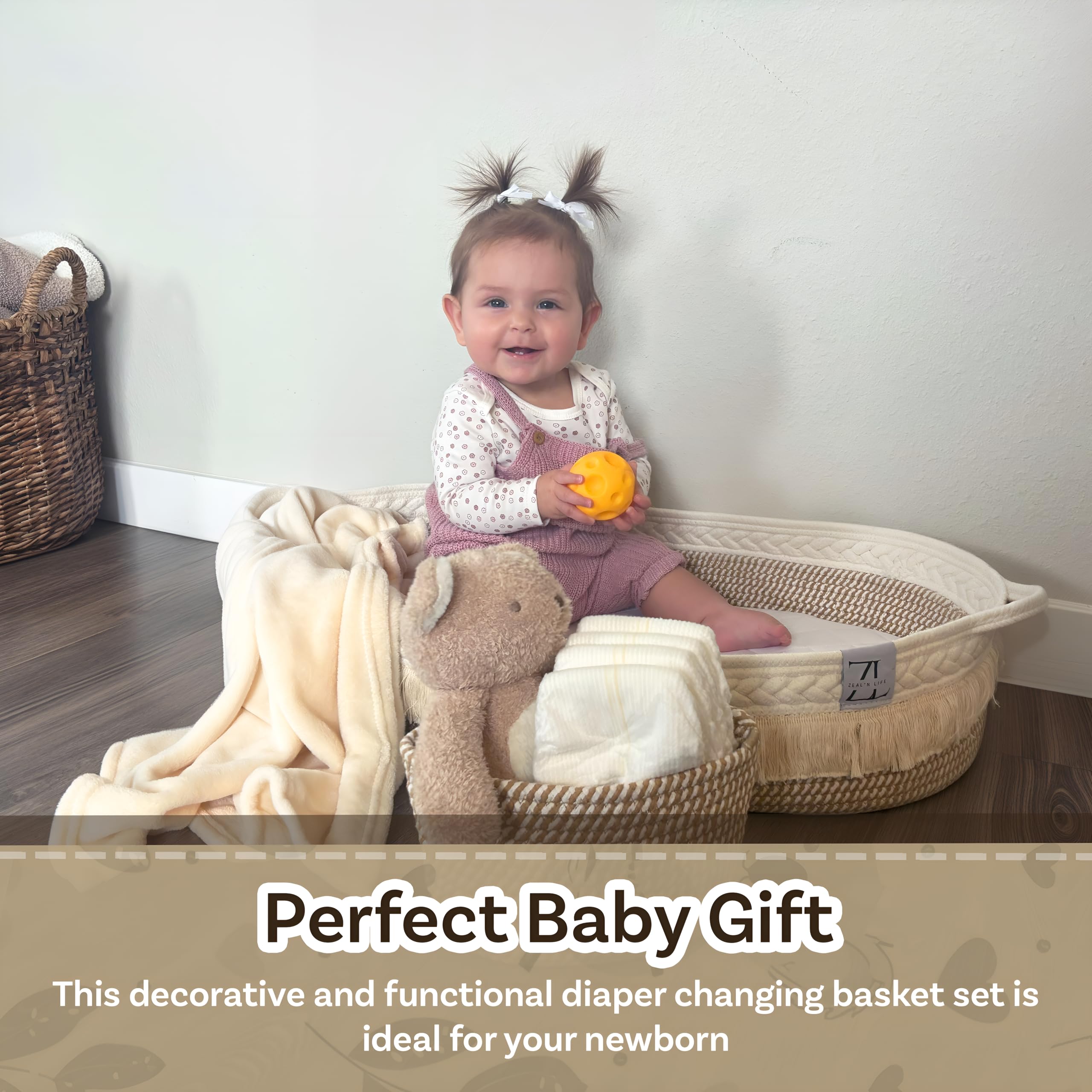ZEAL'N LIFE Portable Baby Changing Basket with Diaper Storage, Soft Blanket & Waterproof Changing Pad - Nursery Organizer for Dresser, Travel & Newborn Essentials (Beige) | Perfect for Home, Nursery & On-the-Go Diaper Changes