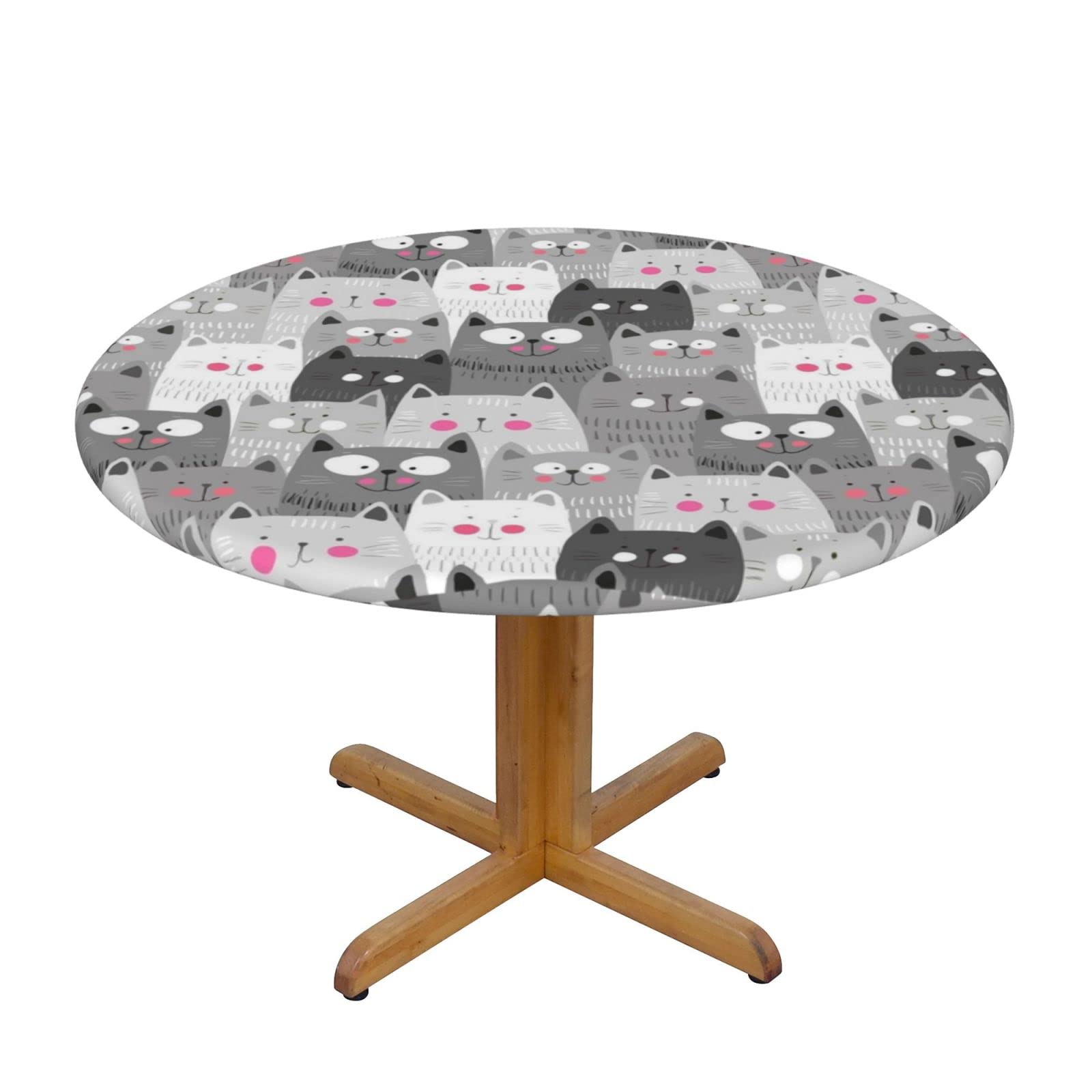Stylish Gray Elastic Edged Cat Kitten Cartoon Round Tablecloth for Outdoor Patio - Fits 40