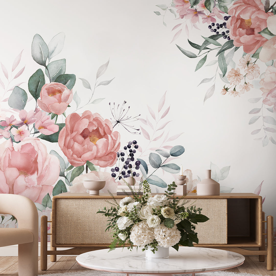 Soft Pink Flowers Bouquet Wall Mural SM029 - Elegant Floral Peel and Stick Wallpaper for Bedroom, Living Room & Nursery Decor