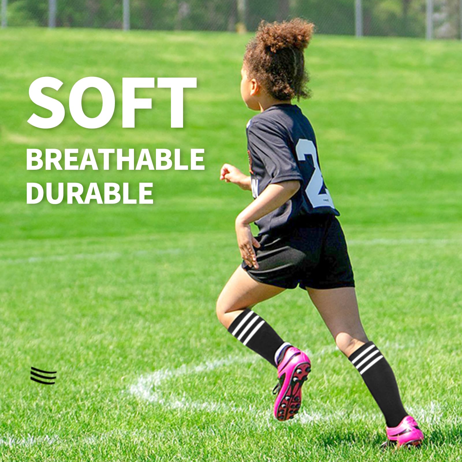 BISOUSOX Kids Soccer Socks - Knee High Athletic Socks for Boys & Girls Ages 6-12 - Cotton Uniform Socks with Stripe Design - Perfect for Soccer Games, Training & Sports Activities