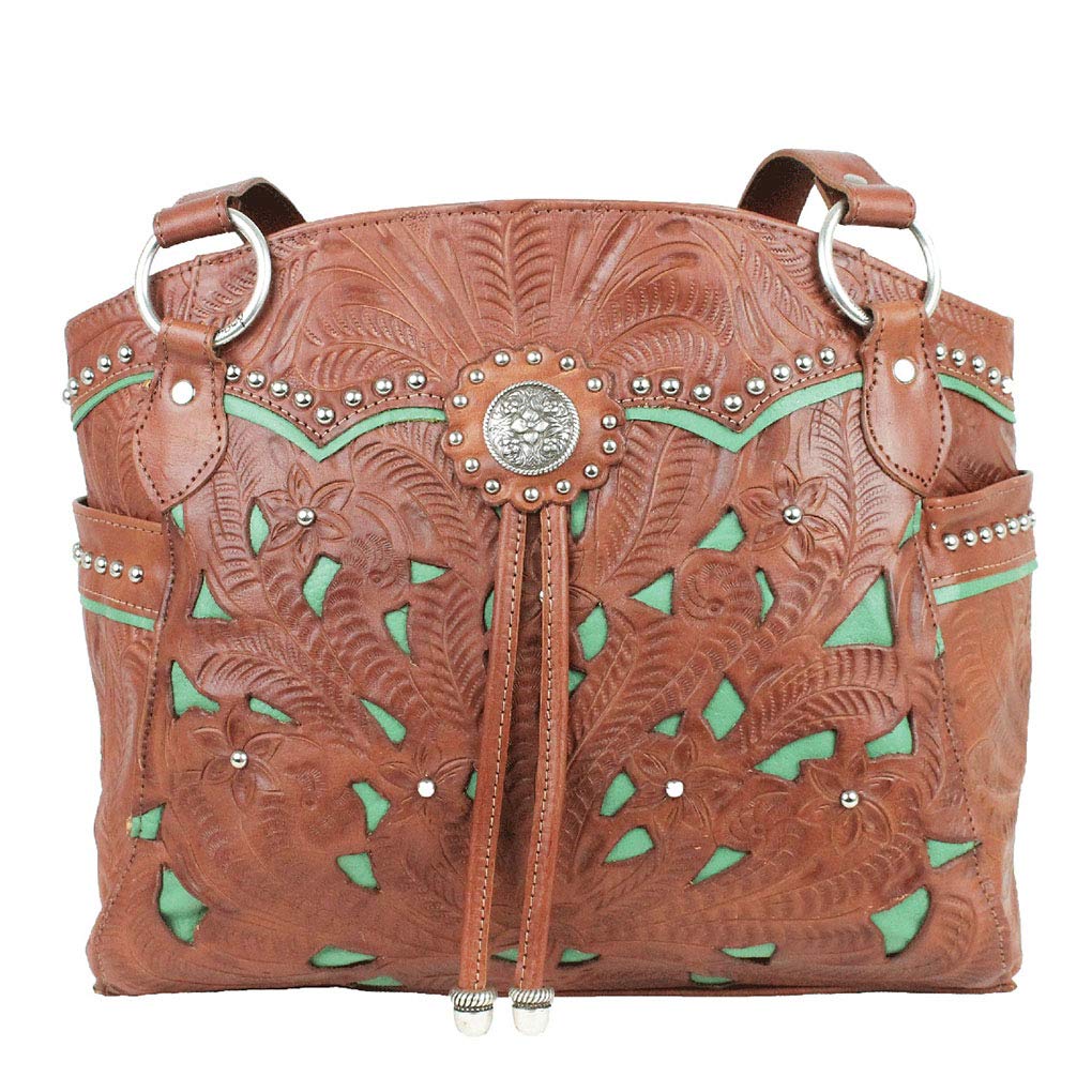 American West Leather Multi Compartment Tote Bag with Purse Holder - Vintage Brown & Lace Design for Women | Perfect for Work, Travel & Everyday Use