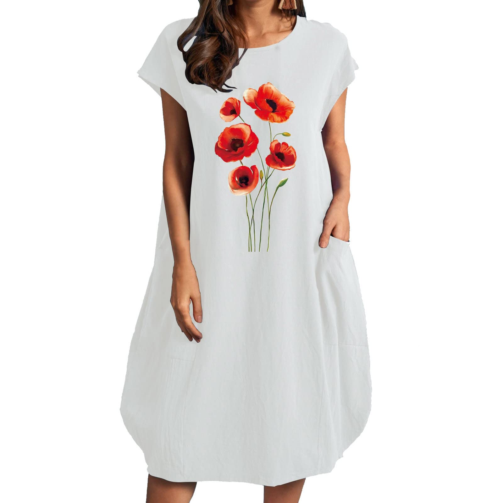 2022 Women's Solid Color Short Sleeve Round Neck Midi Dress with Pockets - Casual Summer Flowy Dress for Work, Party & Everyday Wear