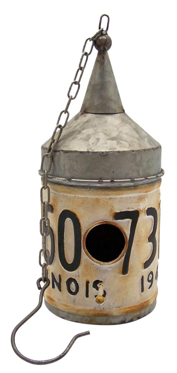 Vintage Style Rustic Tin Funnel Top License Plate Birdhouse - 12 Inch Unique Garden Decor for Outdoor Patio, Yard & Backyard Bird Watching