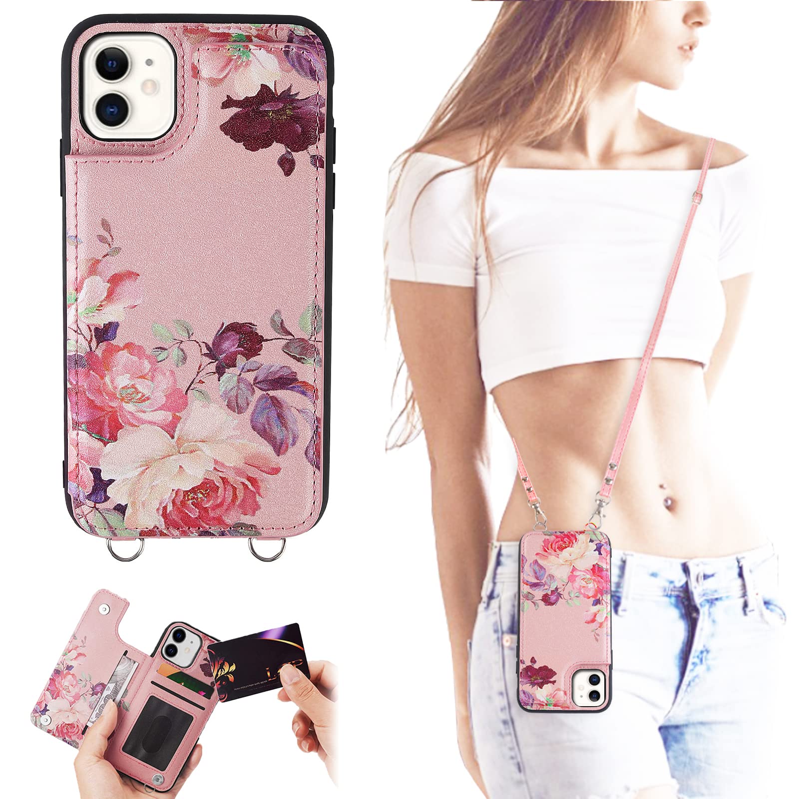 Crosspace iPhone 11 Crossbody Wallet Case for Women - PU Leather Flip Cover with Card Holder & Adjustable Shoulder Strap | Fashion Phone Purse for Daily Use, Shopping & Travel