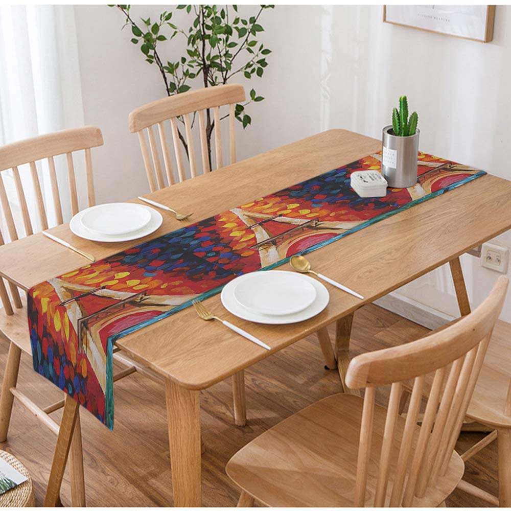 Swono Eiffel Tower Table Runner - Colorful Oil Painting Paris Landmark Design, Cotton Linen Kitchen Dining Decor for Coffee/Tea Tables, Non-Slip 14x72 Inches - Perfect for French-Themed Parties, Romantic Dinners & Home Decor