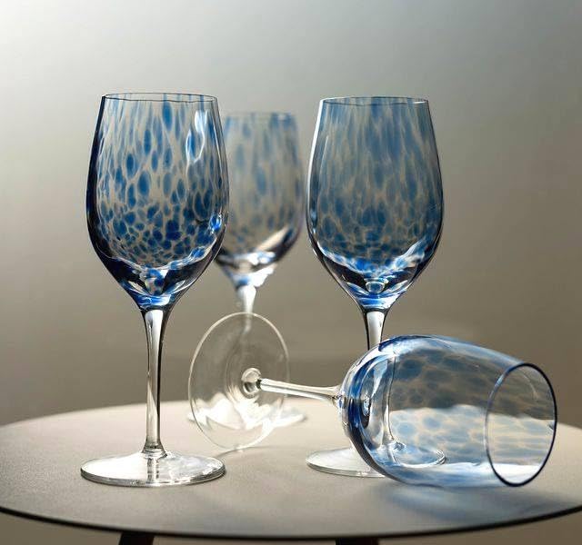 Handmade Blue Rose Polish Pottery Cobalt Confetti Wine Glasses Set - 6 Piece Elegant Stemware for Dinner Parties, Weddings & Home Decor