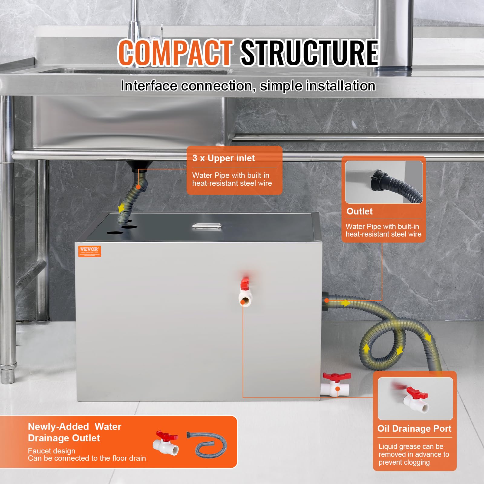 VEVOR 40 LBS Commercial Grease Trap - Stainless Steel Under Sink Grease Interceptor with Top Inlet, 10 GPM Waste Water Oil-Water Separator for Restaurant, Canteen & Home Kitchen - Perfect for High-Volume Cooking Areas and Food Service Establishments