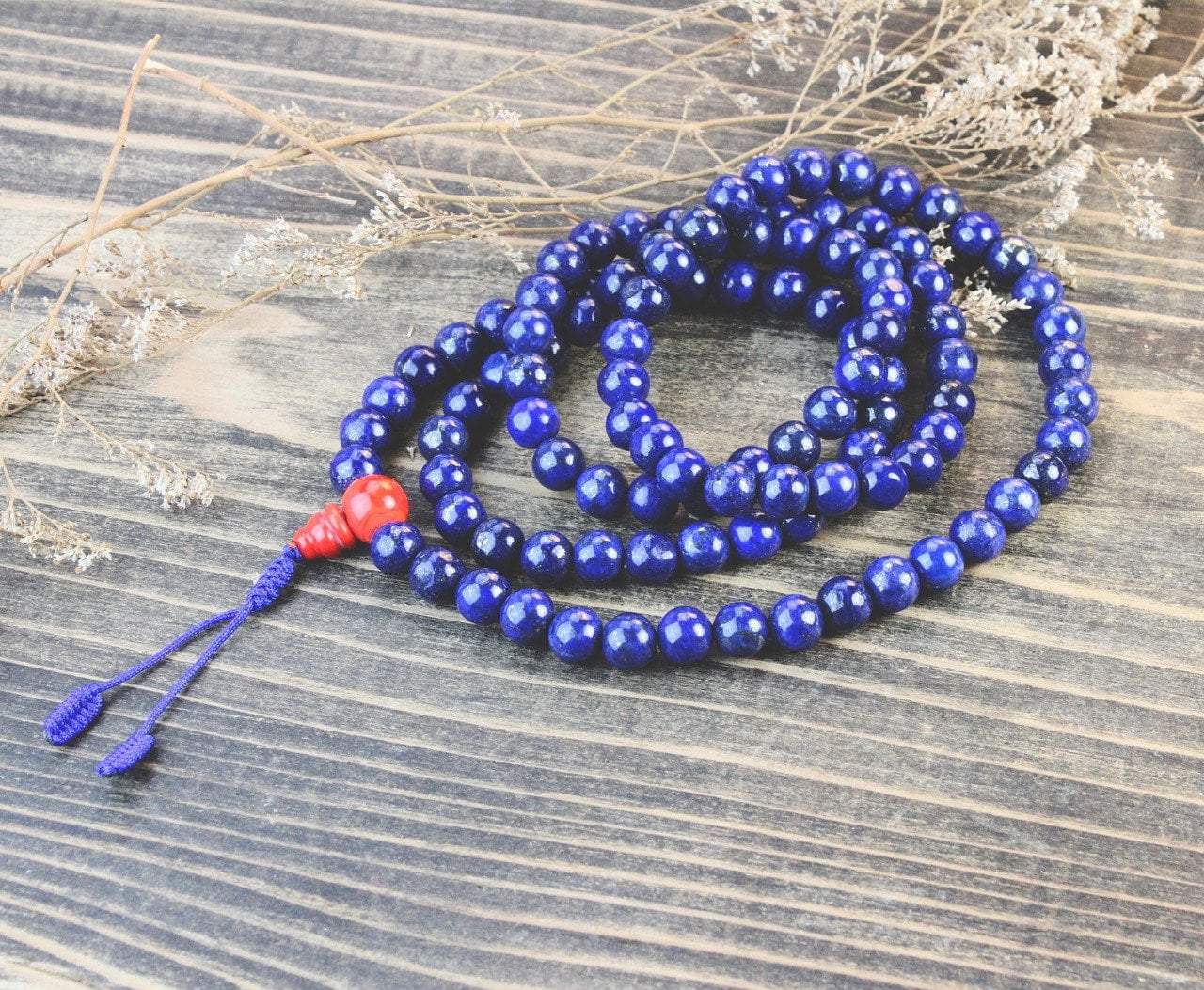 108 Lapis Lazuli and Carnelian Mala Beads - Natural Gemstone Meditation Prayer Necklace for Yoga, Mindfulness & Spiritual Healing