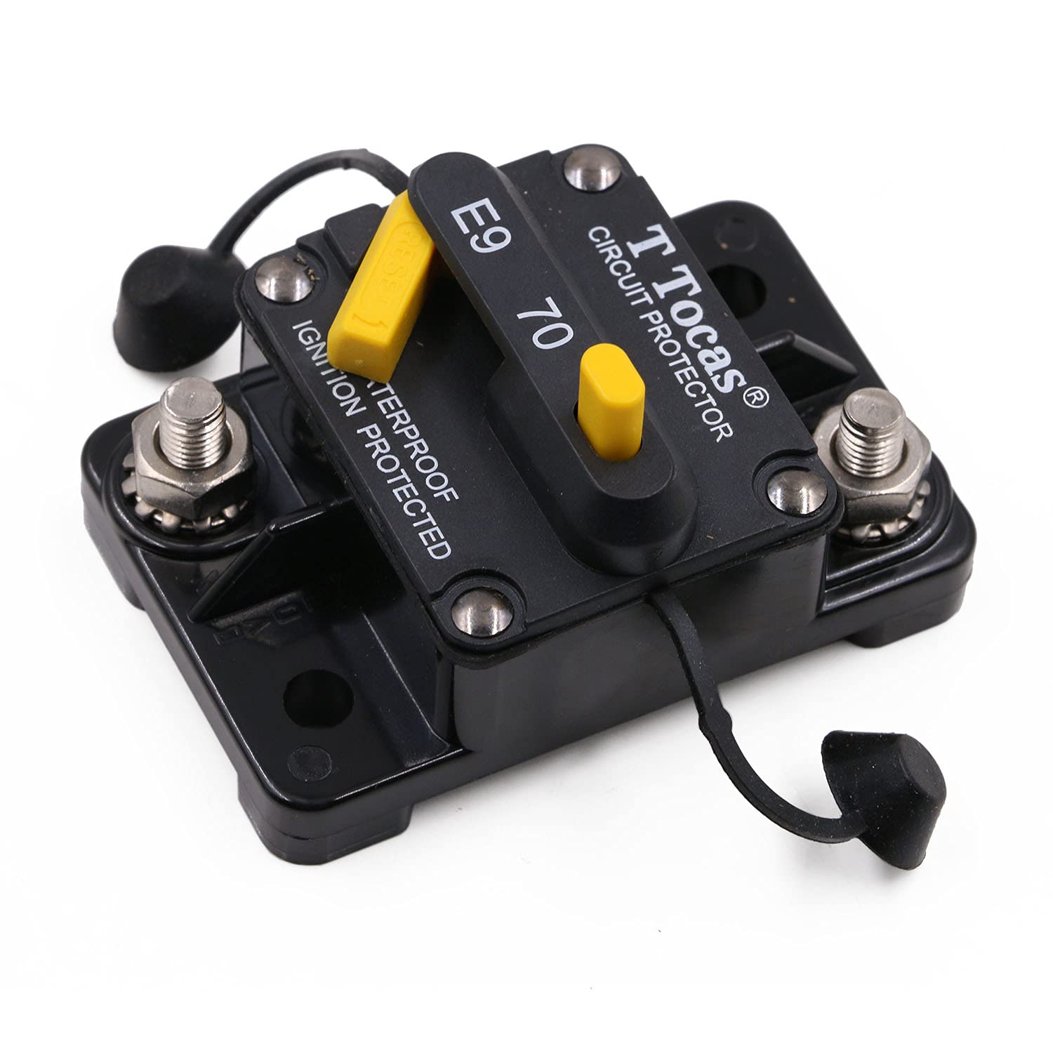 70A Surface-Mount Circuit Breaker with Manual Reset - 12V-48V DC Waterproof IP67 Protection for Marine, RV, Solar Systems & Car Audio (Perfect for Trolling Motors, Boat Batteries & Off-Grid Power)