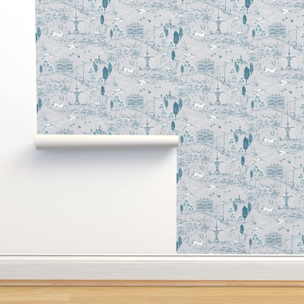 Peel & Stick Wallpaper 9ft x 2ft - Blue Toile French Country Design with Deer & Rabbit Woodland Theme | Nursery, Bedroom, Living Room Decor | Removable & Customizable Wallpaper by Spoonflower