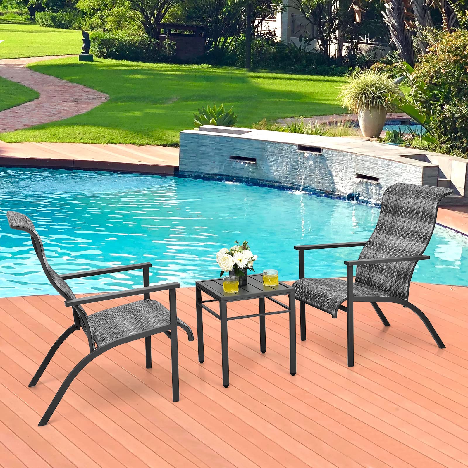Tangkula 3-Piece Patio Bistro Set - PE Rattan Chairs & Coffee Table, Outdoor Conversation Furniture with High Backrest & Rust-Resistant Steel Frame - Perfect for Patio, Garden, Poolside, Backyard & Balcony (Mix Gray) | Ideal for Relaxing, Entertaining & Outdoor Dining