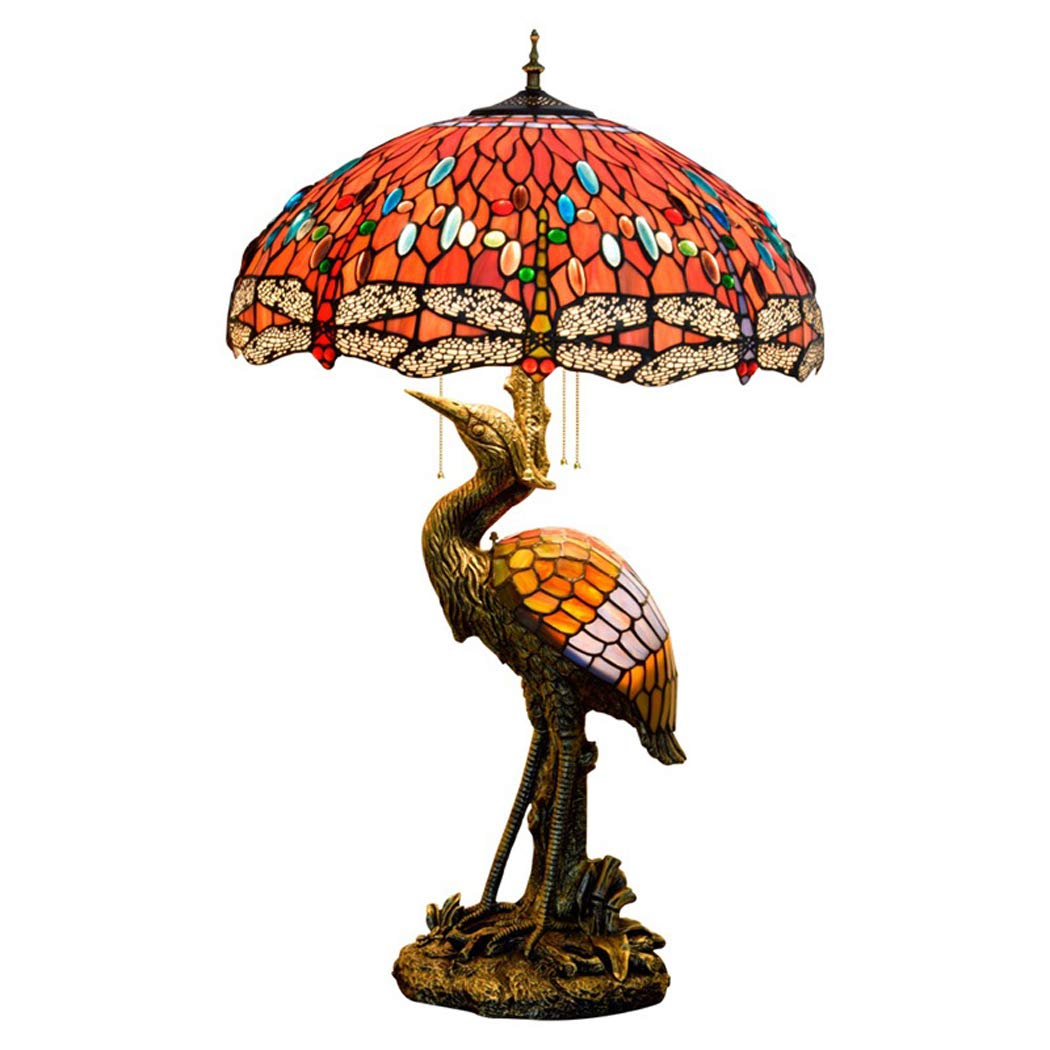 Tiffany Style Red Dragonfly Table Lamp - 20 Inch Crystal Beads Stained Glass Desk Lamp with Bird & Crane Design for Living Room, Bedroom, Office | Perfect for Home Decor, Reading Light & Nightstand Lighting