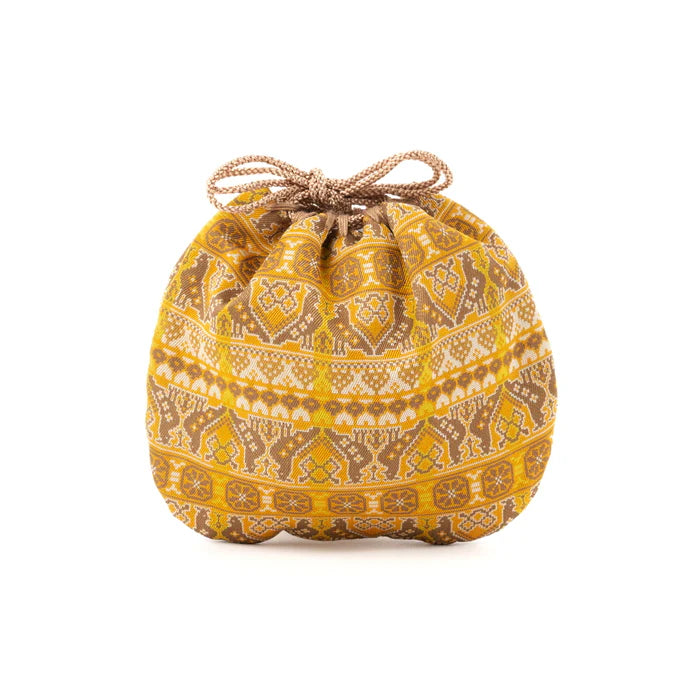 Nishijin Ori Small Drawstring Bag - Cock & Golden Brown - Handmade in Kyoto Japan - Traditional Japanese Craft Purse - Perfect for Coins, Jewelry & Gift Giving