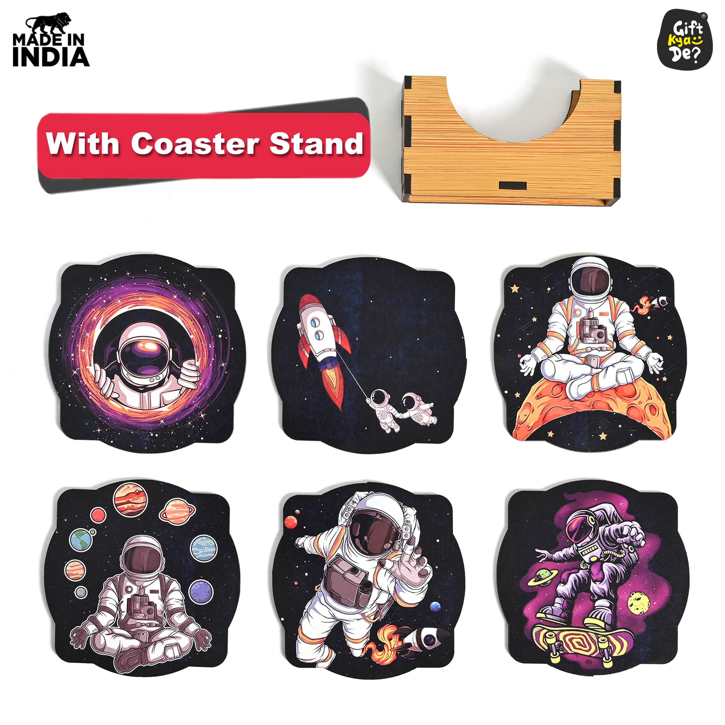 6-Pack Astronaut Theme Wooden Coasters Set - 3.8x3.8 Inch Square Eco-Friendly Drink Coasters for Coffee Mugs, Tea Cups & Glasses - Perfect for Space-Themed Home Decor, Office & Gift Giving