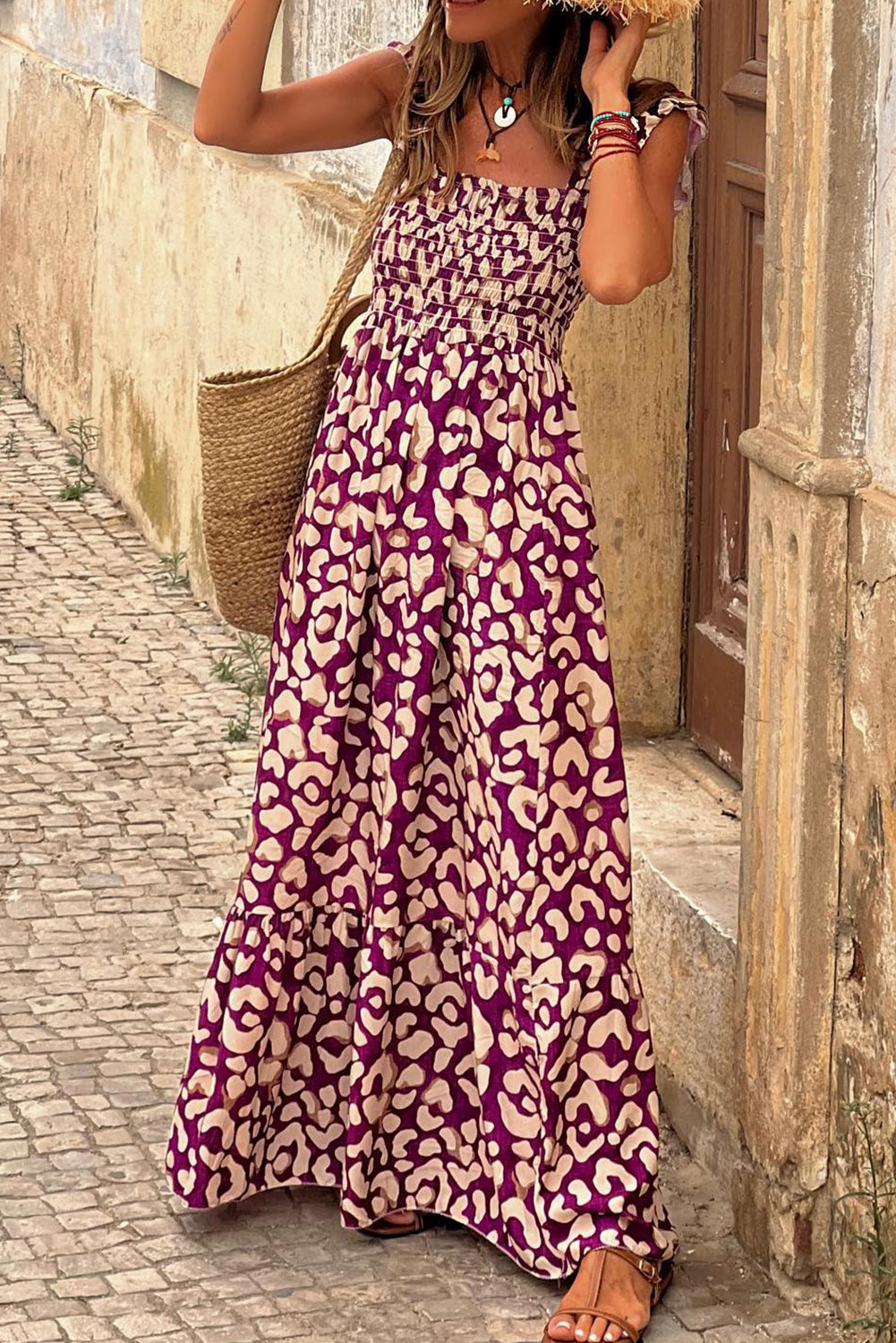 Elegant Pink Ruffled Wide Strap Maxi Dress for Women - Perfect for Summer Beach Vacations, Weddings & Date Nights