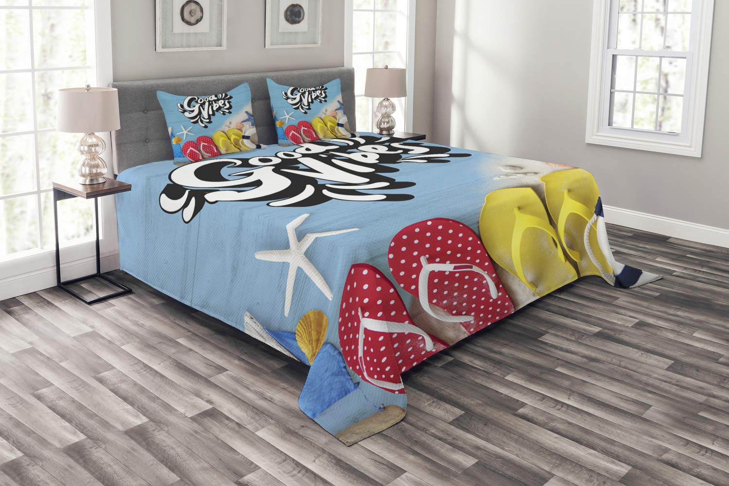 Ambesonne Summer Beach Theme 3-Piece King Size Bedspread Set with 2 Pillow Shams - Flip Flops, Ocean Shells on Wooden Plank Design, Vibrant Multicolor Bedding for Coastal Decor, Vacation Homes & Guest Rooms