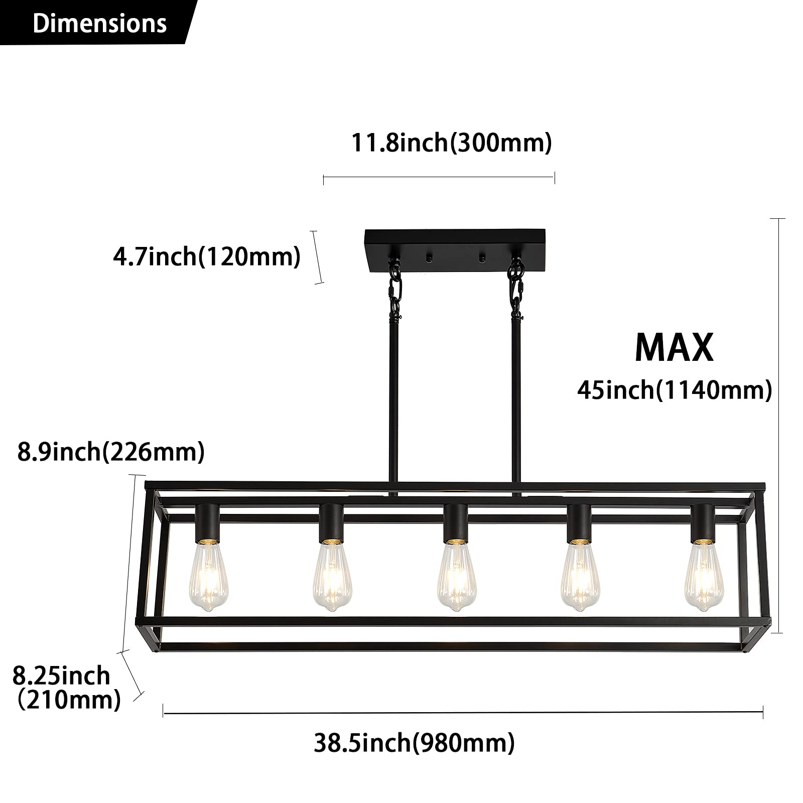 XILICON Farmhouse Chandelier - 5-Light Black Modern Linear Pendant Light for Kitchen Island, Dining Room & Ceiling | Rustic Cage Design for Home Decor