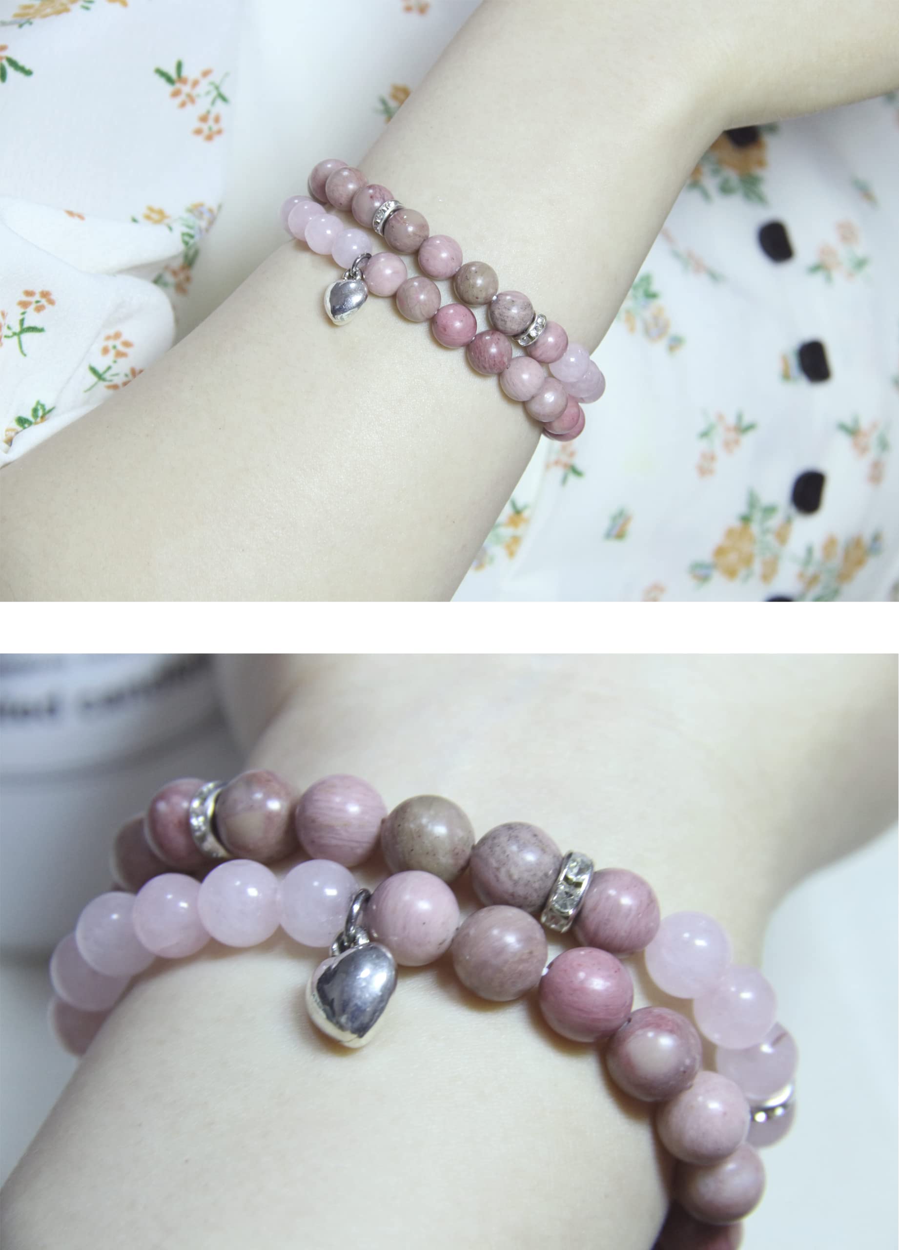 Healing Bracelets for Women - Rose Quartz & Rhodonite Crystal Bracelet with 8mm Natural Stones - Stress Relief, Yoga Meditation, Get Well Soon Gifts for Her - Perfect for Spiritual Healing, Wellness & Positive Energy