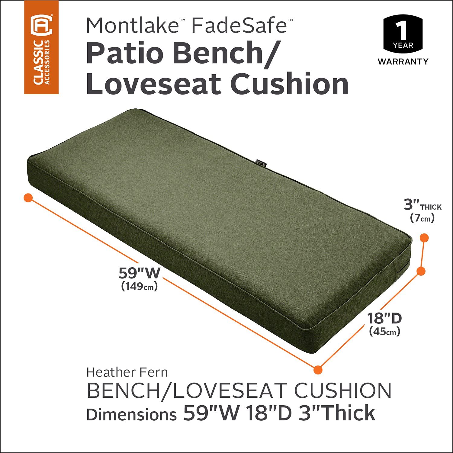 Classic Accessories Montlake Patio Furniture Cushion 59x18x3 Inch Thick Heather Fern - Perfect for Outdoor Lounge Chairs and Garden Benches