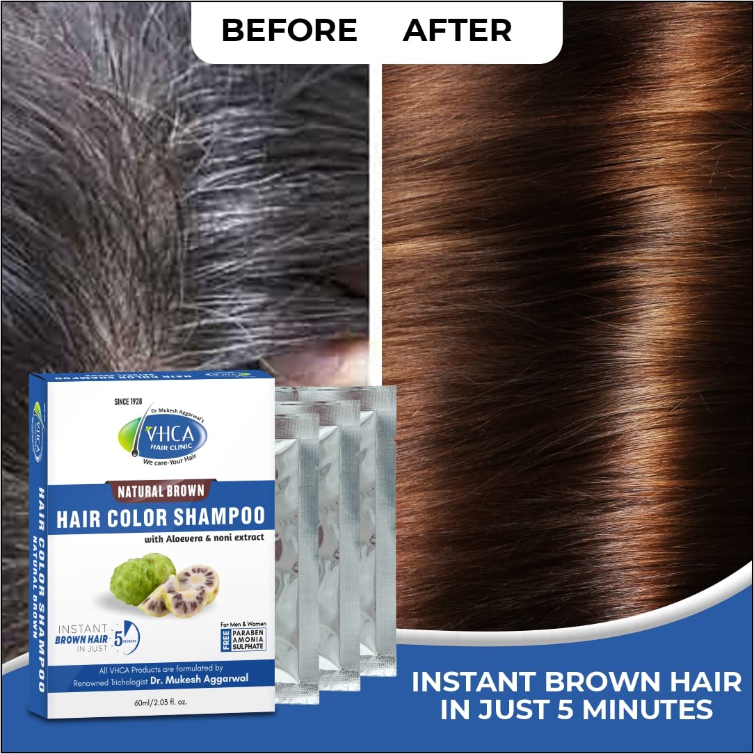VHCA Natural Brown Beard Color Shampoo for Men - 3 Pack (20ml Each) | Gentle Gray Coverage & Conditioning | Perfect for Home Use, Travel & Daily Grooming