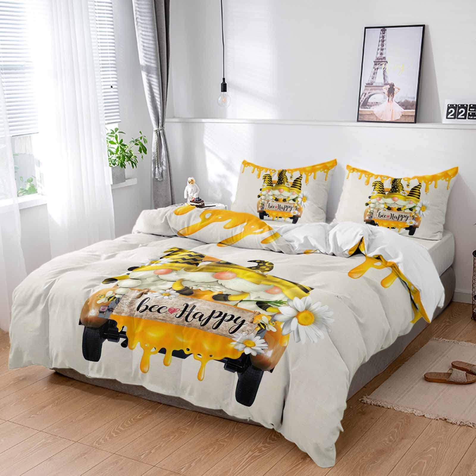 LOVE HOME DAY 4-Piece Luxury Soft Duvet Cover Set - Full Size Bedding with Pillowcases, Honey Yellow Sunflower & Gnome Design - Perfect for Spring Bedroom Decor, Guest Room & Cozy Farmhouse Style
