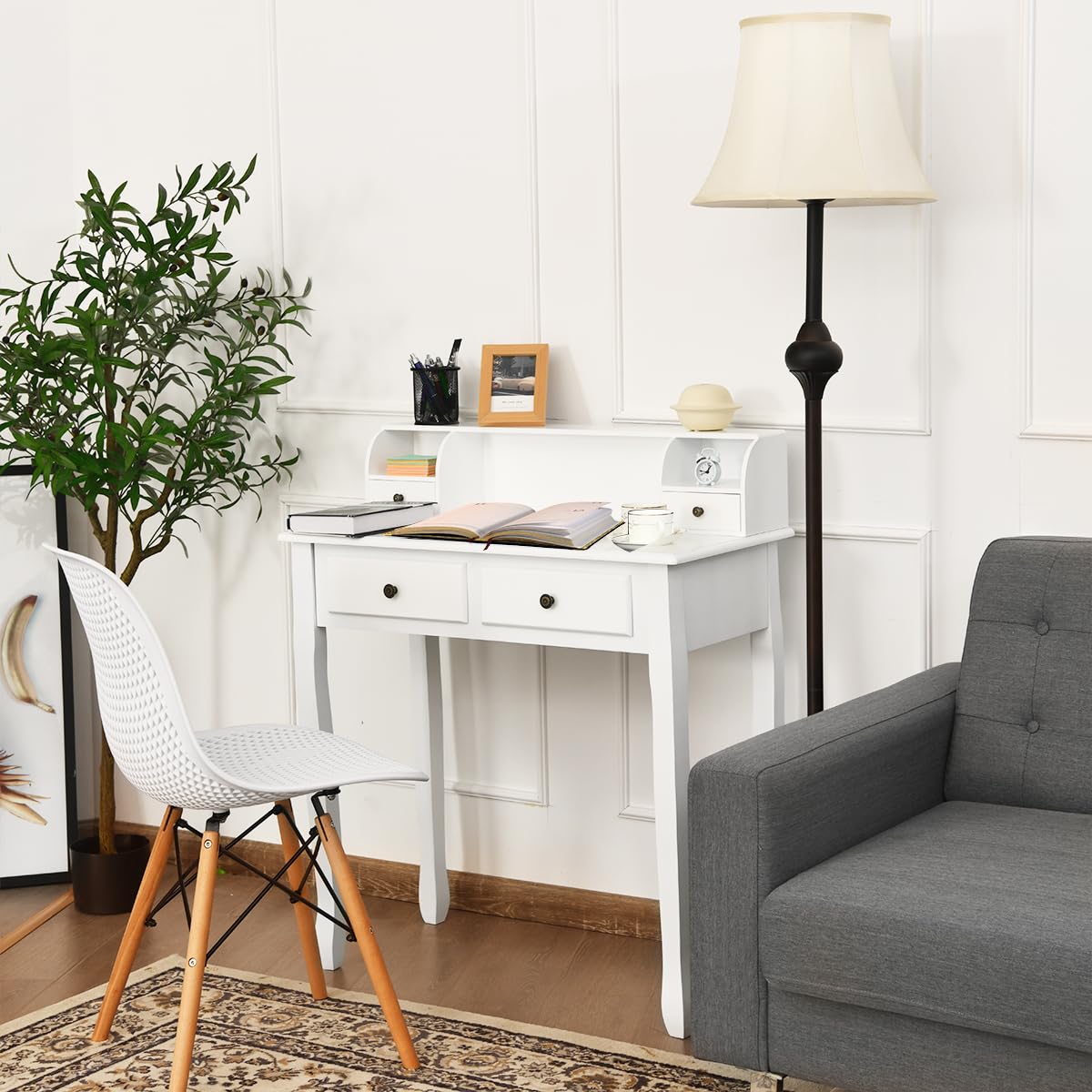 Giantex White Writing Desk with 4 Drawers & Removable Floating Organizer - 2-Tier Mission Style Computer Desk for Small Spaces - Perfect for Home Office, Apartment Study & Vanity Use