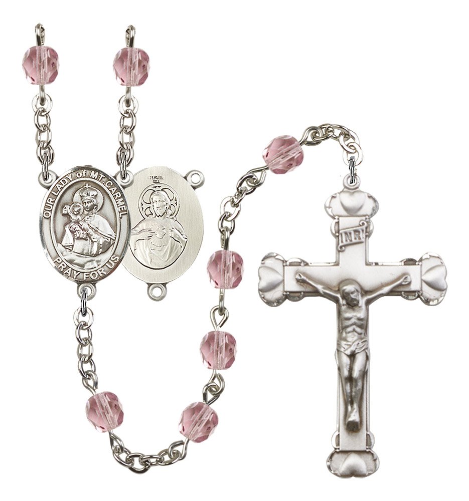 Silver Plated Rosary with 6mm Light Amethyst Fire Polished Beads - 1 5/8 x 1 Inch Crucifix & Our Lady of Mount Carmel Medal Centerpiece | Catholic Prayer Beads for Devotion, Meditation & Spiritual Gifts