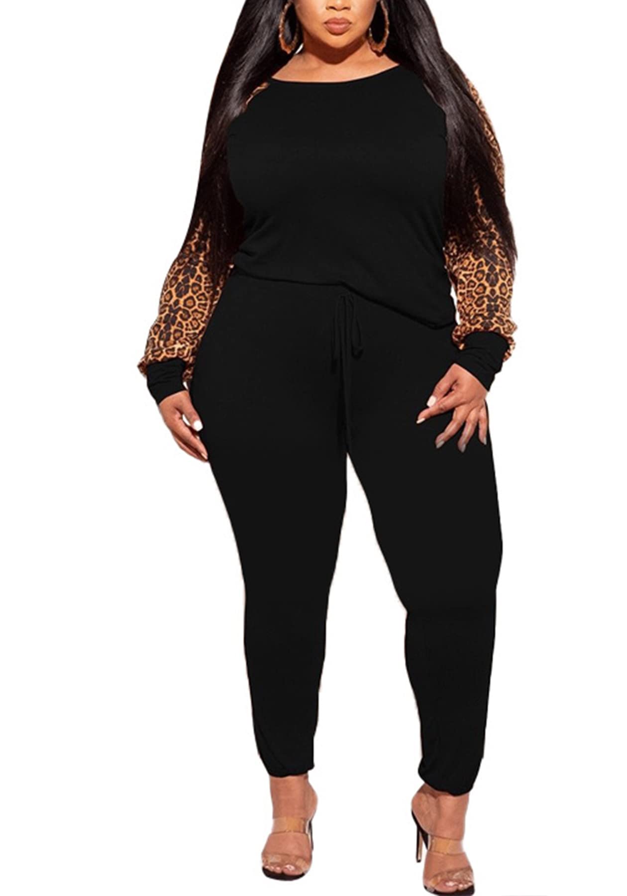 Voghtic Women's Plus Size 2-Piece Leopard Print Sweatsuit Set - Casual T-Shirt & Pants Outfit for Lounge, Streetwear & Travel