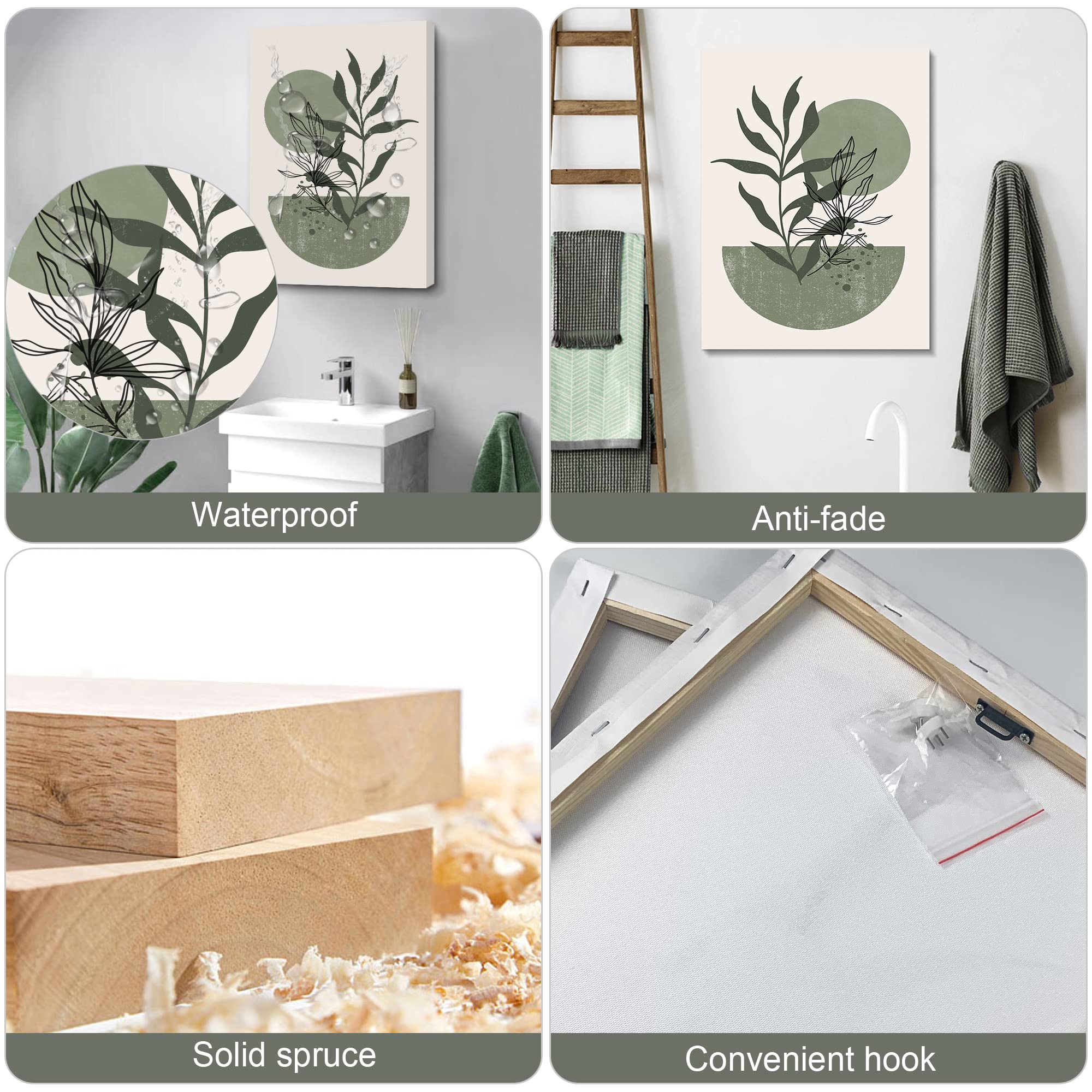 Sage Green Wall Posters & Prints - Set of 3 Boho Minimalist Framed Wall Art with Geometric Line, Leaf, Sun & Moon Designs on Beige Green Canvas Paintings | Perfect for Living Room, Bedroom & Office Decor