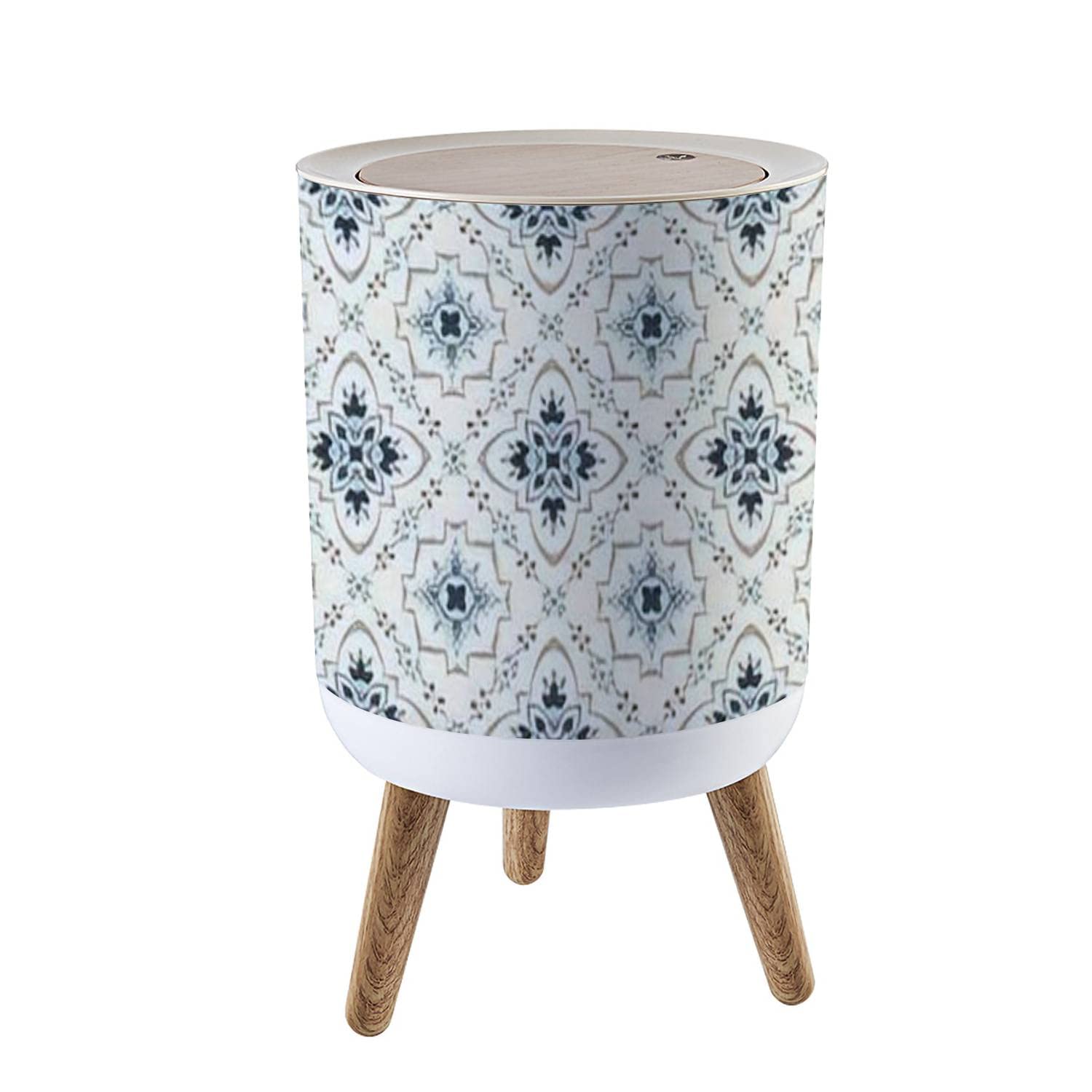 Small Trash Can with Lid - 1.8 Gallon Round Waste Bin with Press Cover, Talavera Azulejos Portuguese Turkish Moroccan Mosaic Tile Design, Dog-Proof Garbage Bin for Kitchen, Bathroom, Living Room | Perfect for Home, Office & Outdoor Use