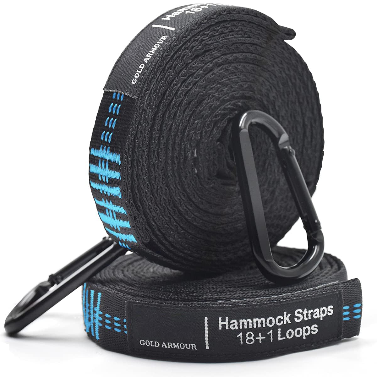 Premium Gold Armour Hammock Straps XL - 20FT Heavy Duty Hammock Tree Straps with 36 Loops & 2 Carabiners - Best Camping Hammock Accessories for Outdoor Adventures (Black with Sky Blue Stitching) - Perfect for Backpacking, Hiking, Beach Trips and Backyard Relaxation