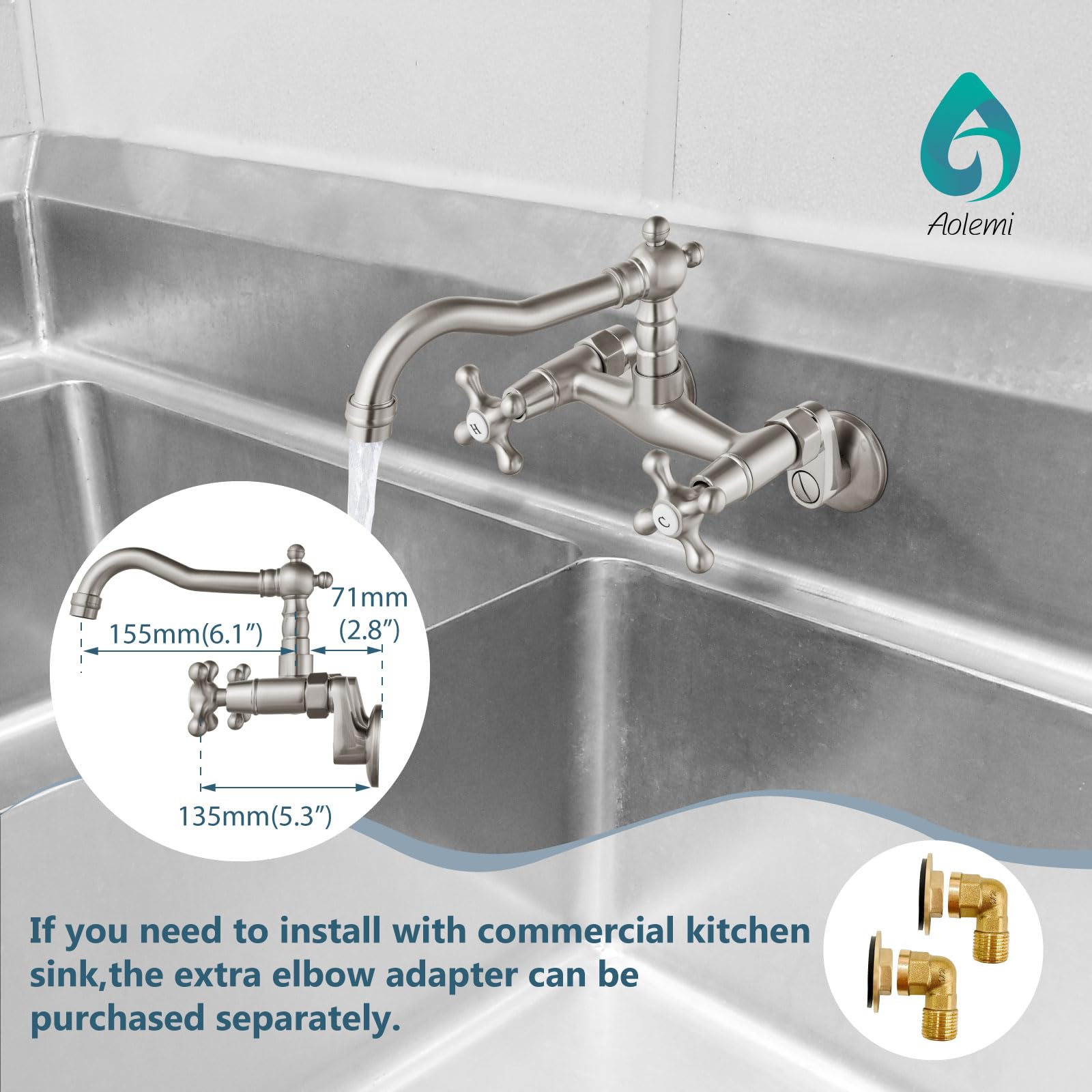 Aolemi Brushed Nickel Wall Mounted Kitchen Faucet with 2 Cross Handles & 6