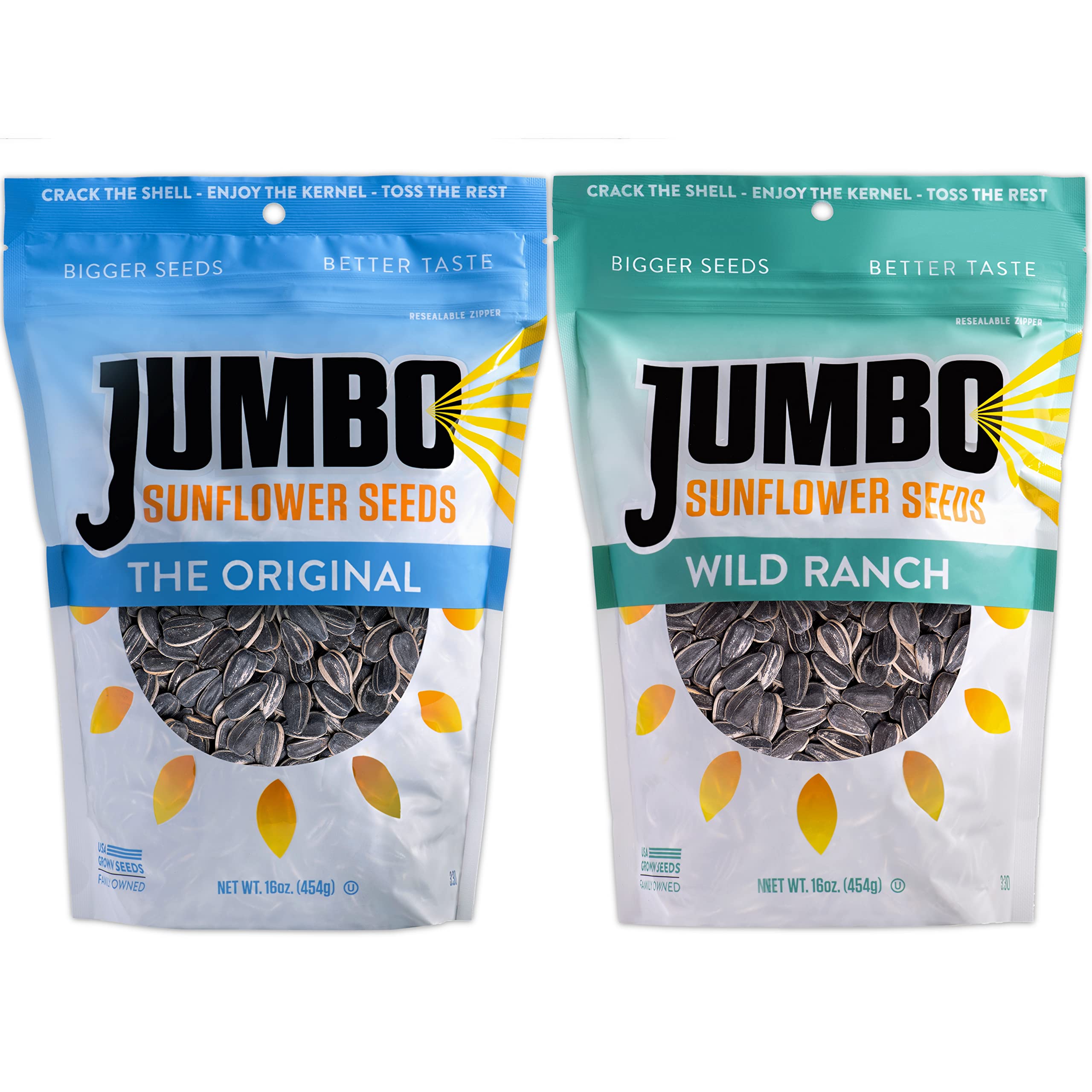 Jumbo Sunflower Seeds Double Bundle - 6 Original & 6 Ranch Flavored - Healthy Snacks for Road Trips, Office, and Outdoor Activities