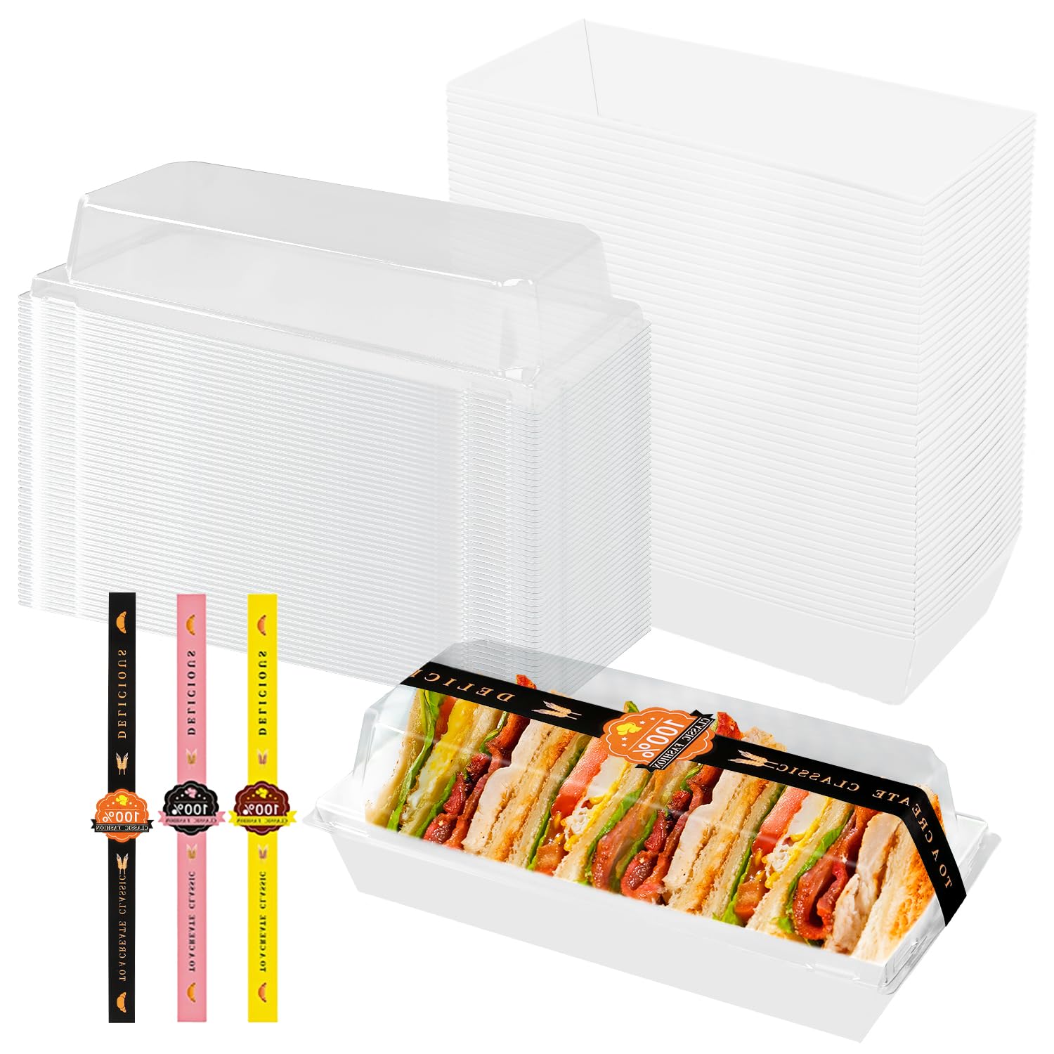 50 Pack Clear Lid Swiss Roll Cake Box - Plastic Cake Storage Container for Muffins, Pastries, Sushi, Sandwiches & Fruit Display - Perfect for Baby Showers, Bakeries & Dessert Shops (White)