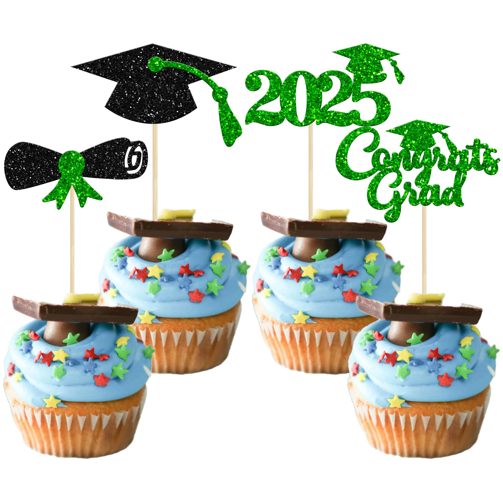 24Pcs 2025 Graduation Cupcake Toppers - Glitter Congrats Grad 2025 Diploma Cap Cake Decorations - Class of 2025 Party Supplies - Perfect for Graduation Cakes, Cupcakes, and Dessert Tables (Green)
