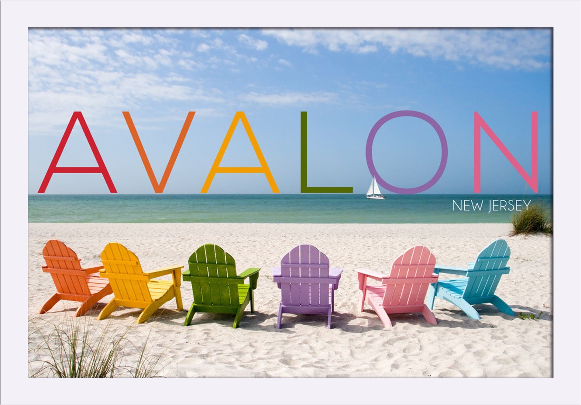 Colorful Beach Chairs Avalon New Jersey - 16x24 Inch Giclee Fine Art Print with Recycled Wood Frame in White - Perfect for Coastal Home Decor & Beach House Wall Art
