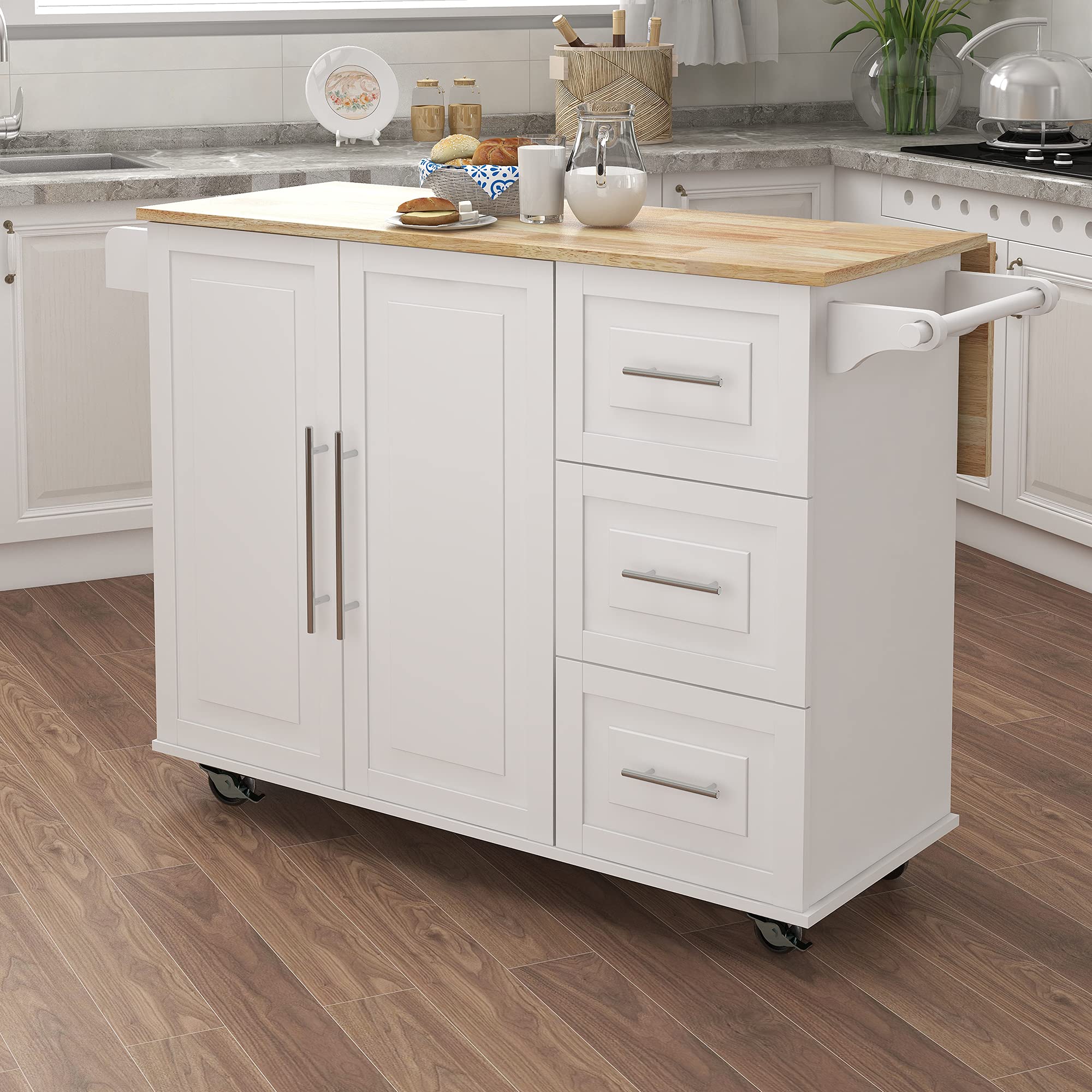 LERFAN Rolling Kitchen Island Cart with Extendable Wood Tabletop, 3 Drawers, Double Doors Cabinet, Towel Rack & Spice Rack - Mobile Storage Solution for Small Kitchens, Dining Rooms & Apartments