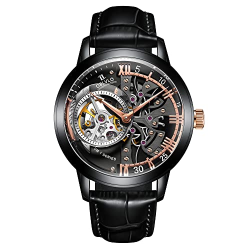 OBLVLO Luxury Rose Gold Men's Automatic Skeleton Watch with Genuine Leather Strap VM-1 - Perfect for Business, Formal Events & Gift Giving