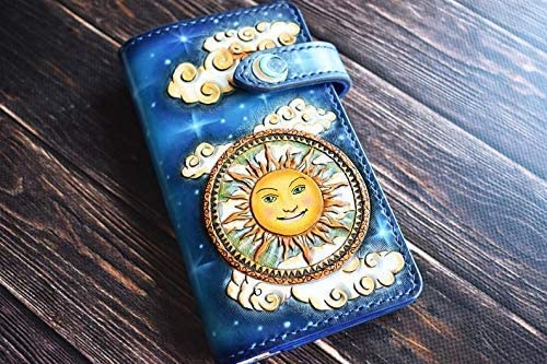 Handmade 3D Genuine Leather Biker Wallet for Men - Custom Engraved Sun Moon Galaxy Design - Personalized Long Leather Wallet for Daily Use & Gift Giving