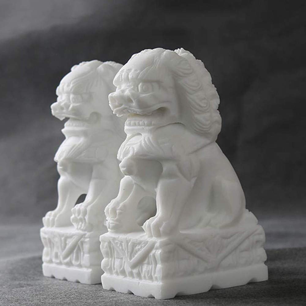 WSIMEI Feng Shui Foo Dog Statues - Pair of Traditional Chinese Auspicious Lion Guardian Sculptures in White Marble Jade, Home Decor for Wealth & Protection, Perfect for Living Room, Office or Garden to Ward Off Negative Energy (Size B)