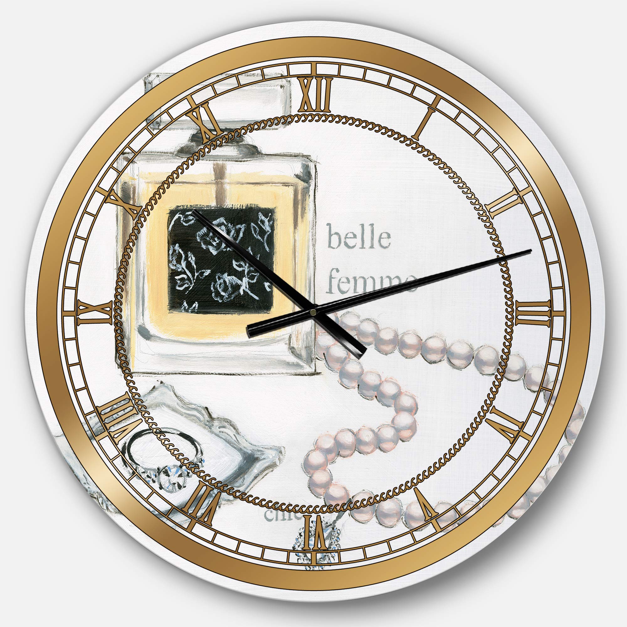 Designart Glamorous Perfume-Inspired Bathroom Wall Art - Decorative Round Metal Wall Clock for Home, Living Room, Bedroom & Office - Perfect for Modern Interior Decor and Luxury Bathroom Accents